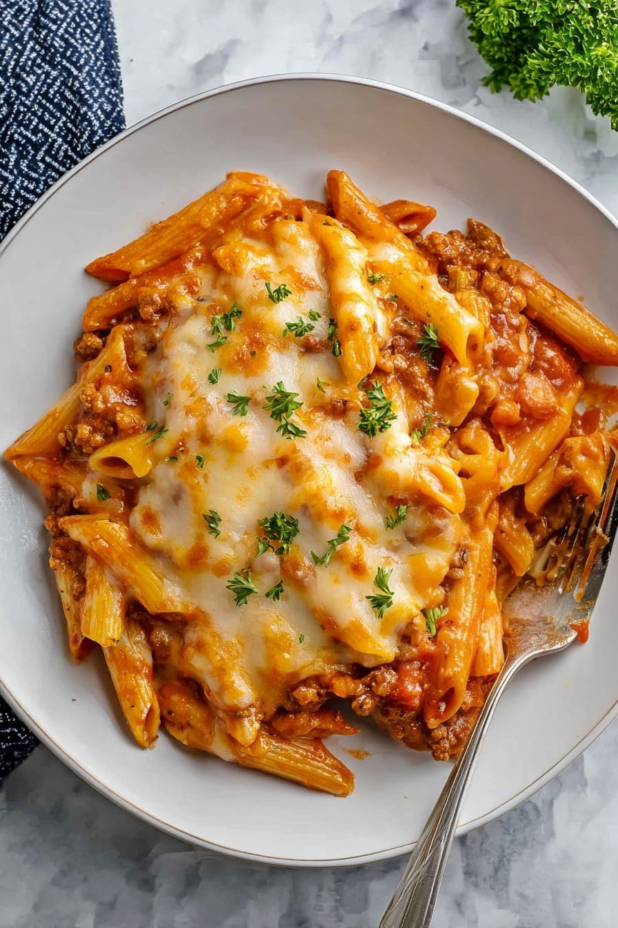 Crock Pot Baked Ziti on a plate, with melted cheese and parsley on top.