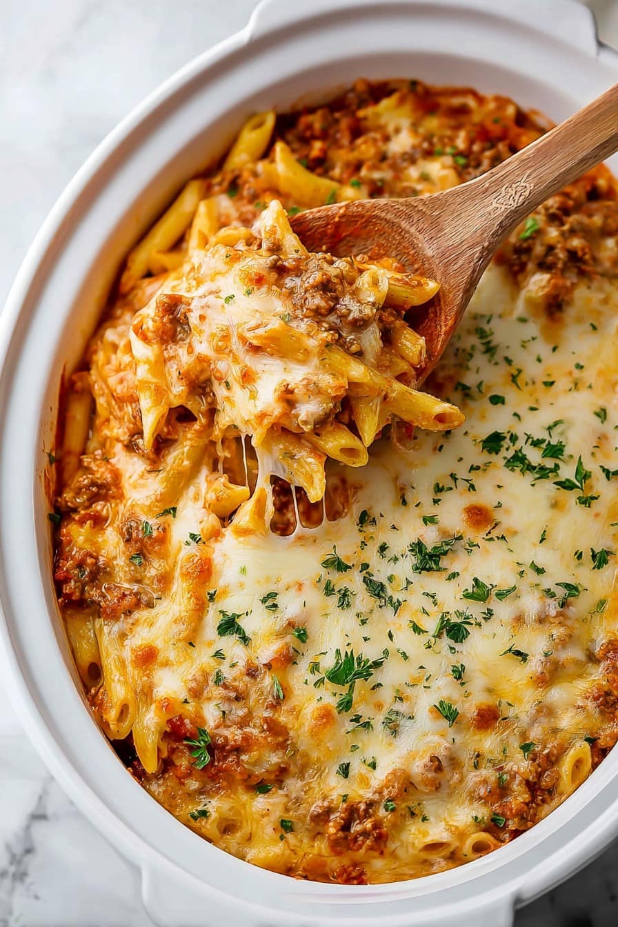 Crock Pot Baked Ziti in a slow cooker, with a wooden spoon lifting a scoop.
