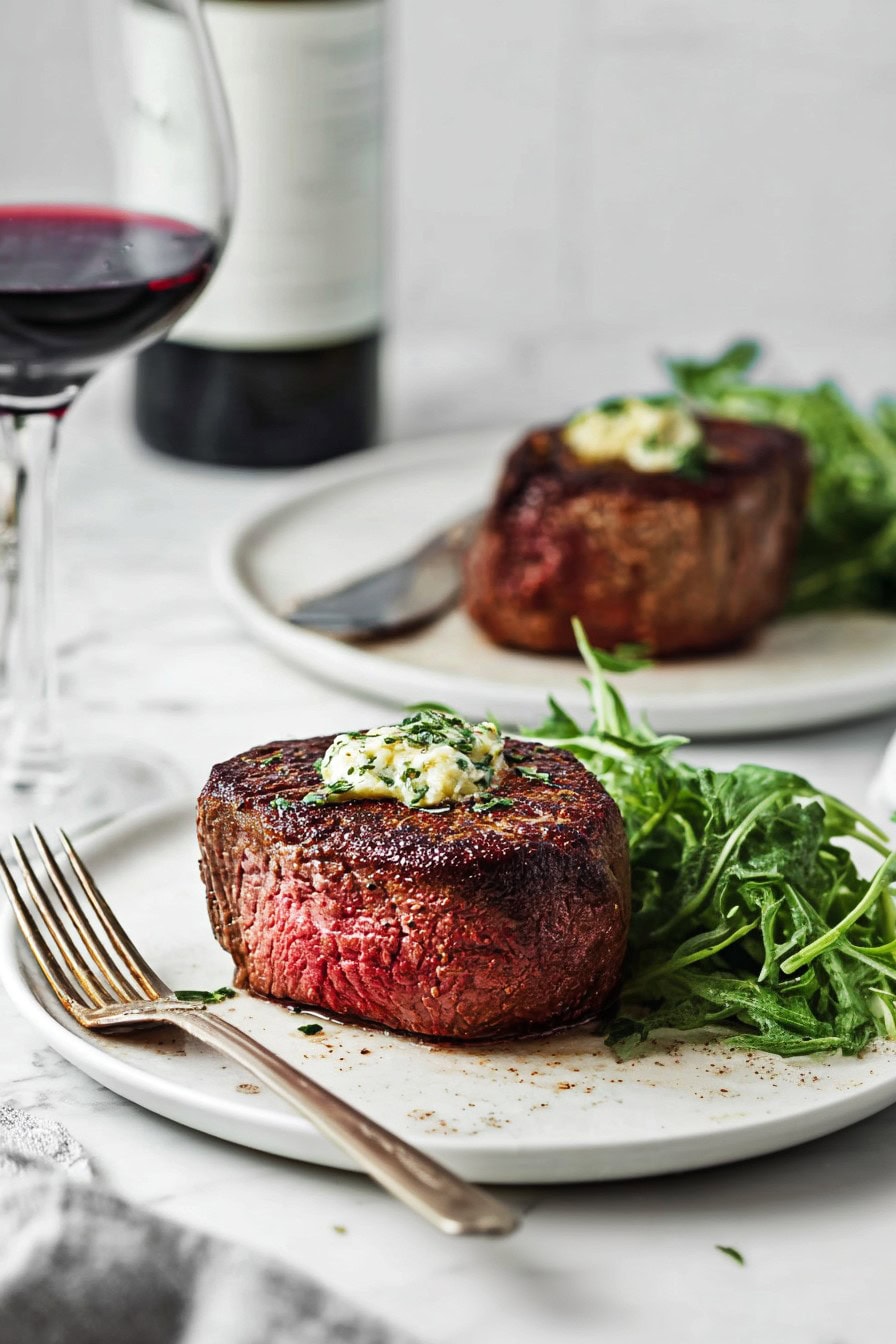 Filet mignon on a plate, topped with herb butter and served  with fresh greens.