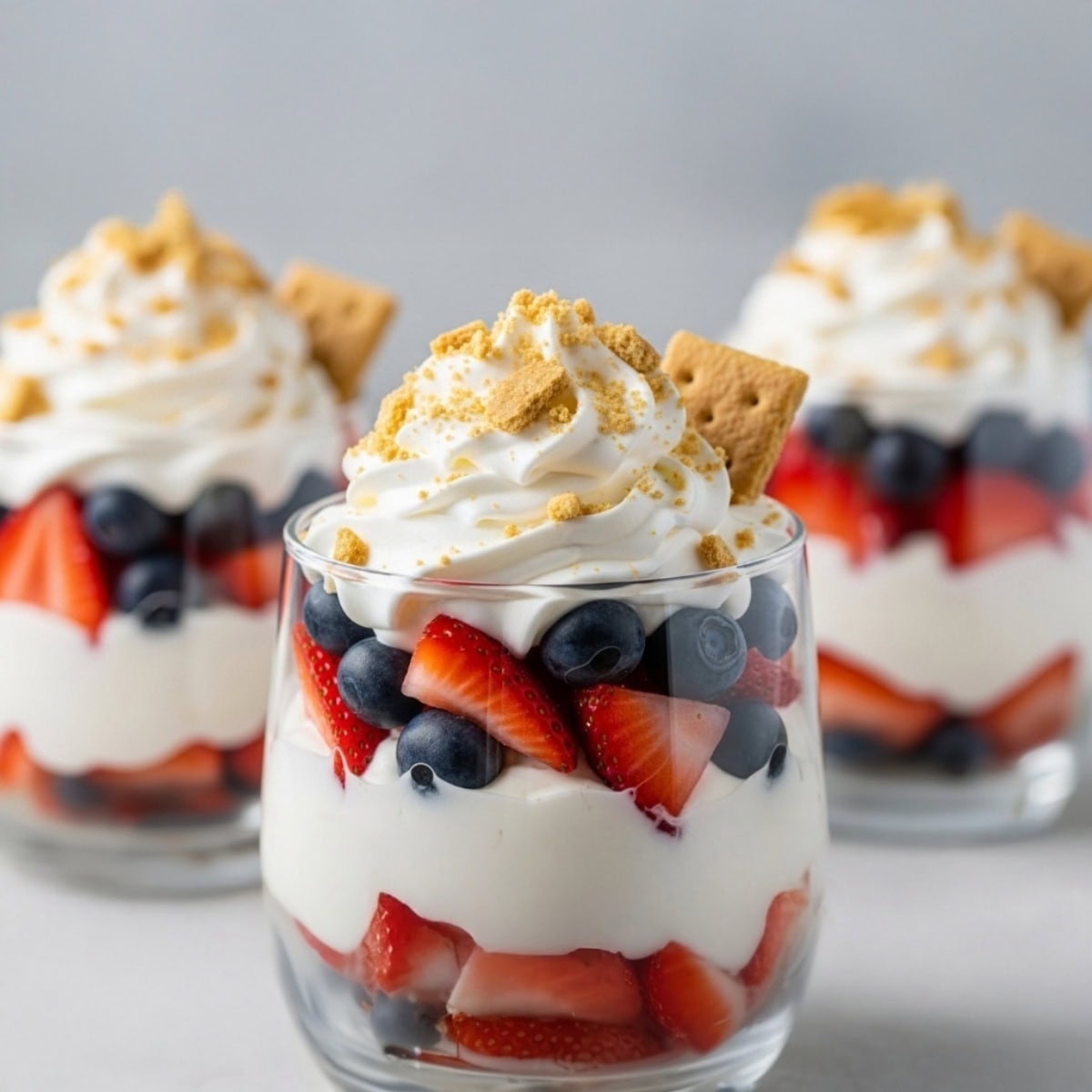 Fruit and cool whip parfaits topped with crushed graham crackers.
