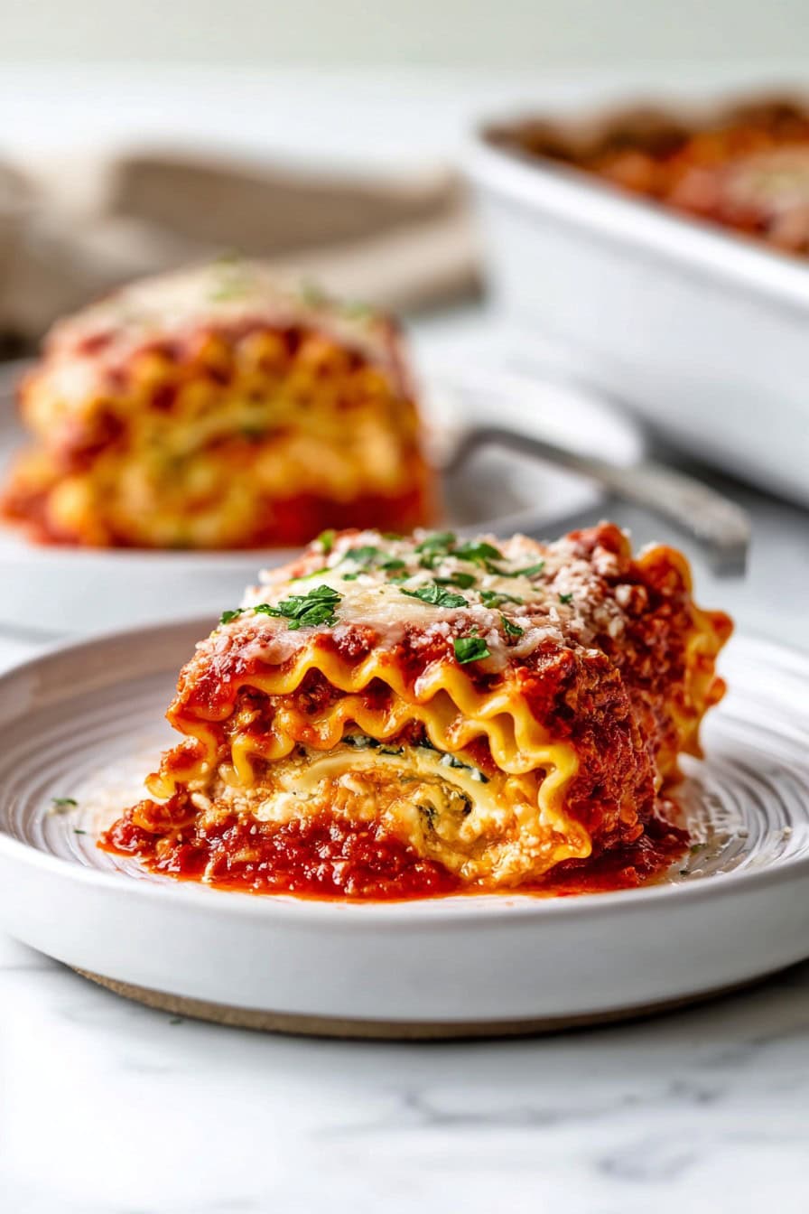 A lasagna roll up on a white plate, filled with creamy ricotta and smothered in rich marinara.