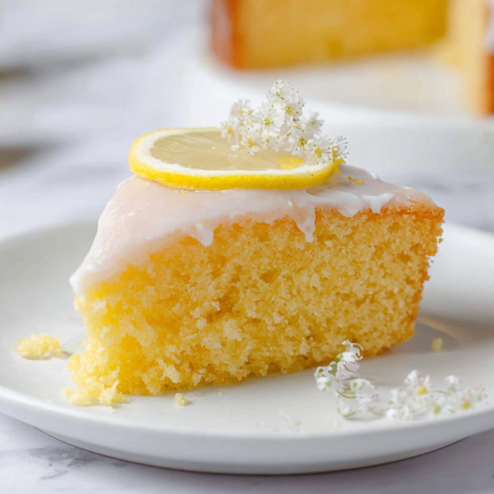 A slice of lemon olive oil cake garnished with a lemon slice and white flowers.