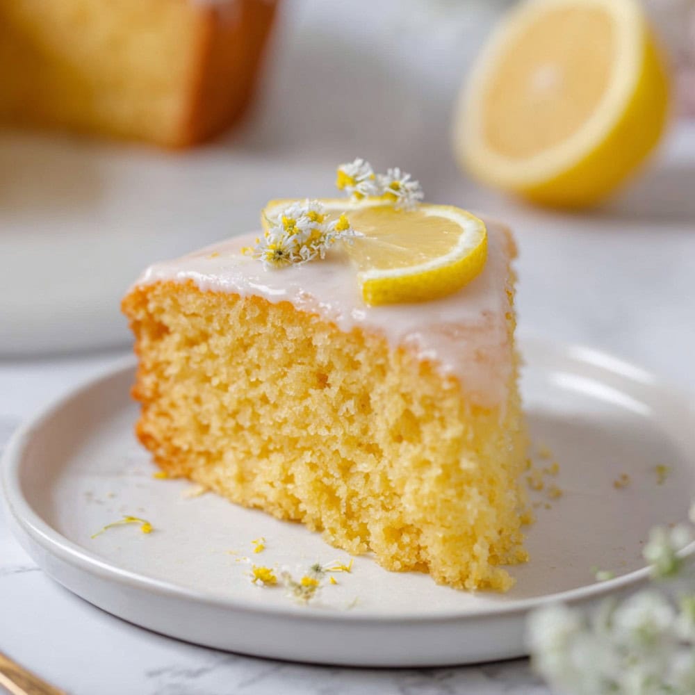 A moist slice of lemon olive oil cake on a plate, topped with a lemon slice and a glossy lemon glaze.