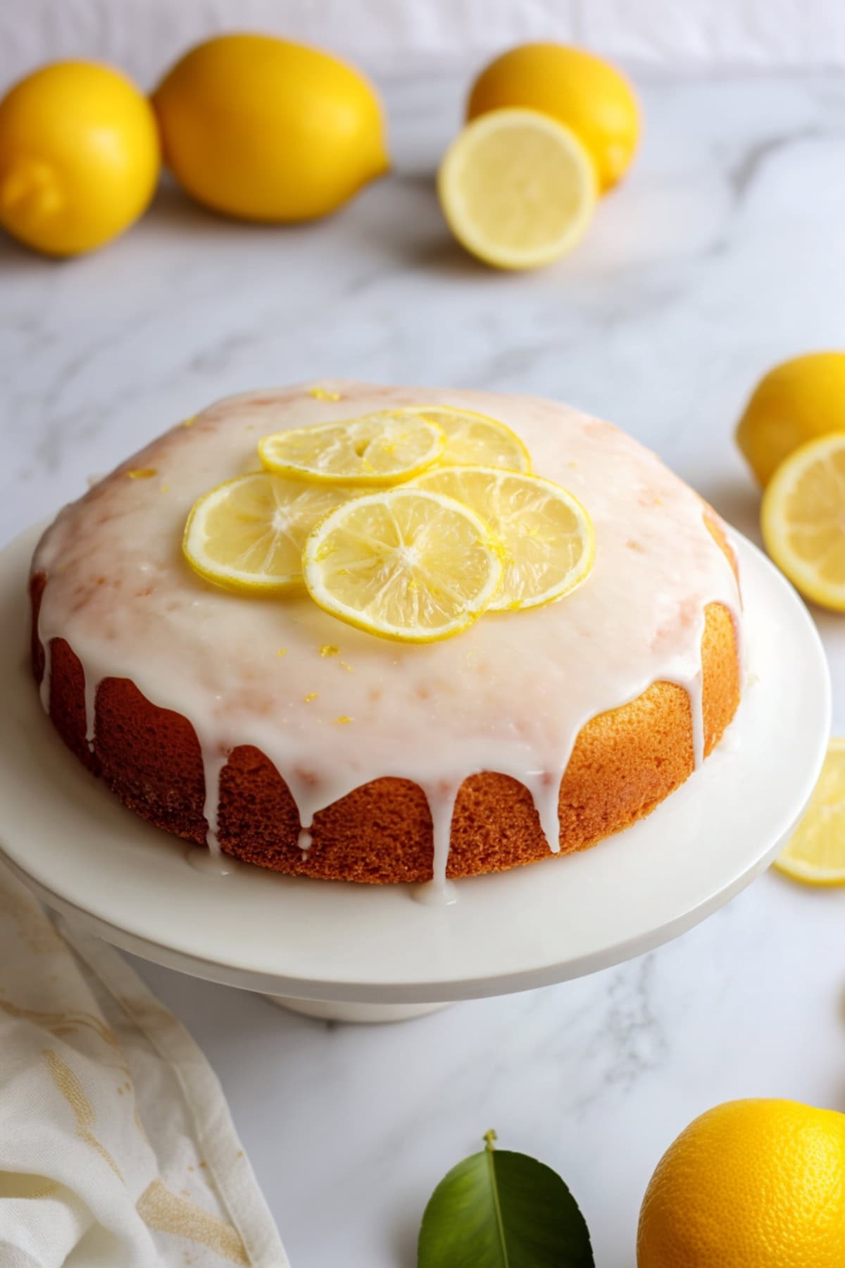A whole lemon olive oil cake garnished with fresh lemon slices.