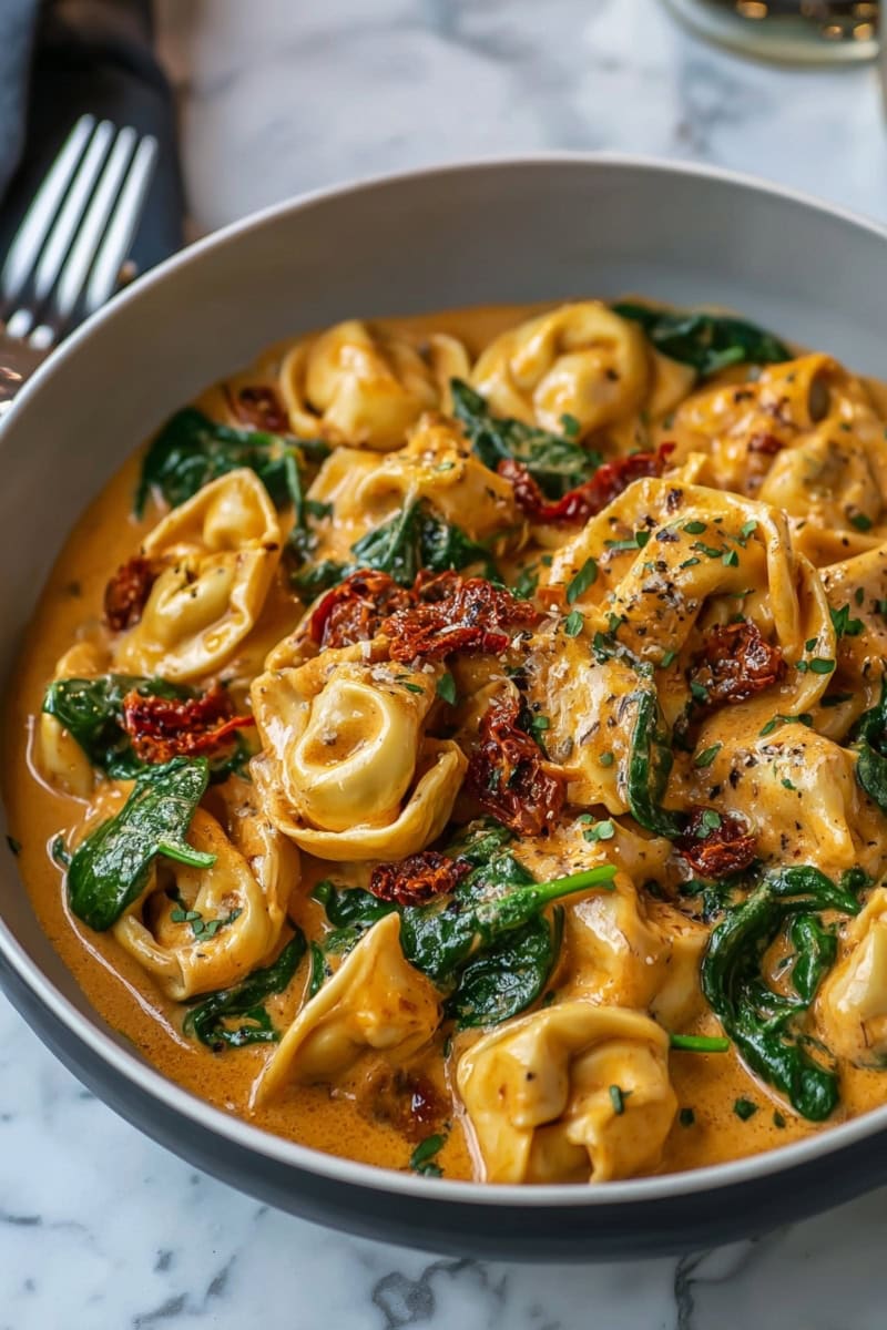 A bowl of creamy Marry Me Tortellini on a marble table.