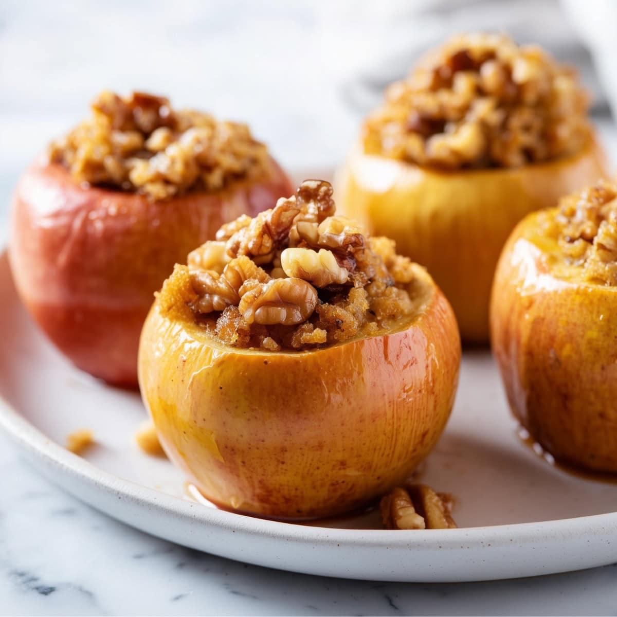 Microwave baked appled with chopped walnuts in a white plate.