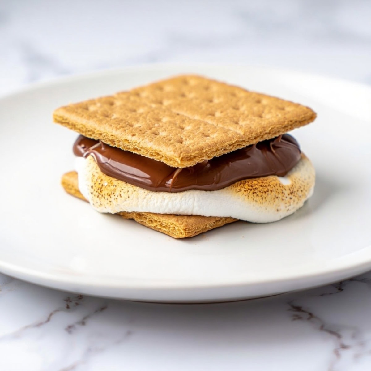 Microwave s'mores with melted marshmallows and melted chocolate in a plate.