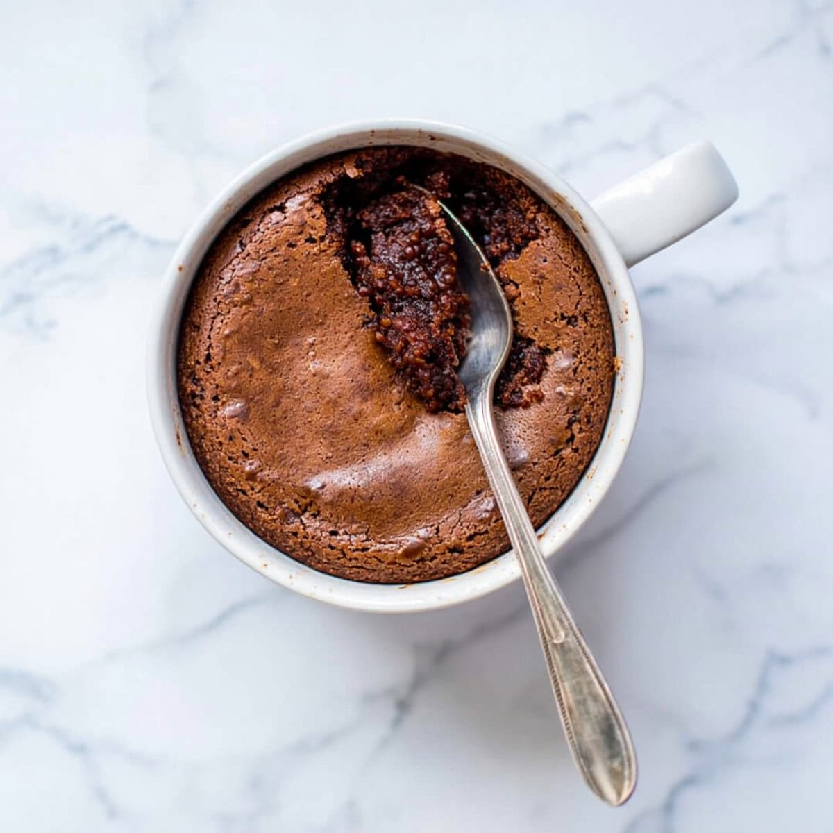 Chocolate mug cake with a spoon in it, overhead view.