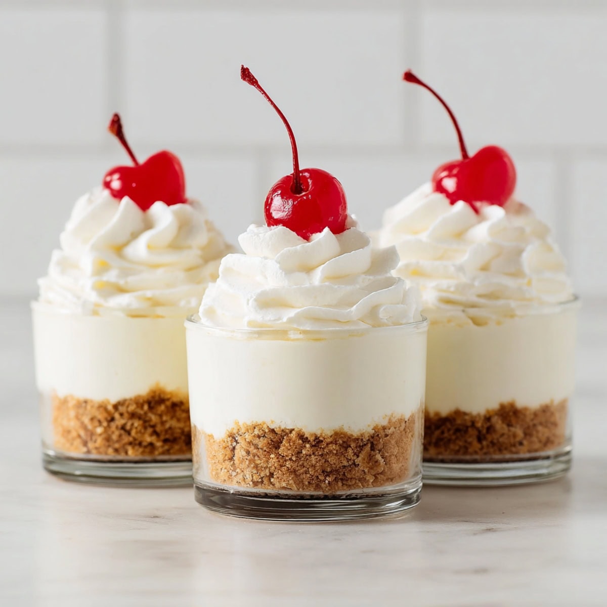 No-bake cheesecake cups topped with whipped cream and cherry.