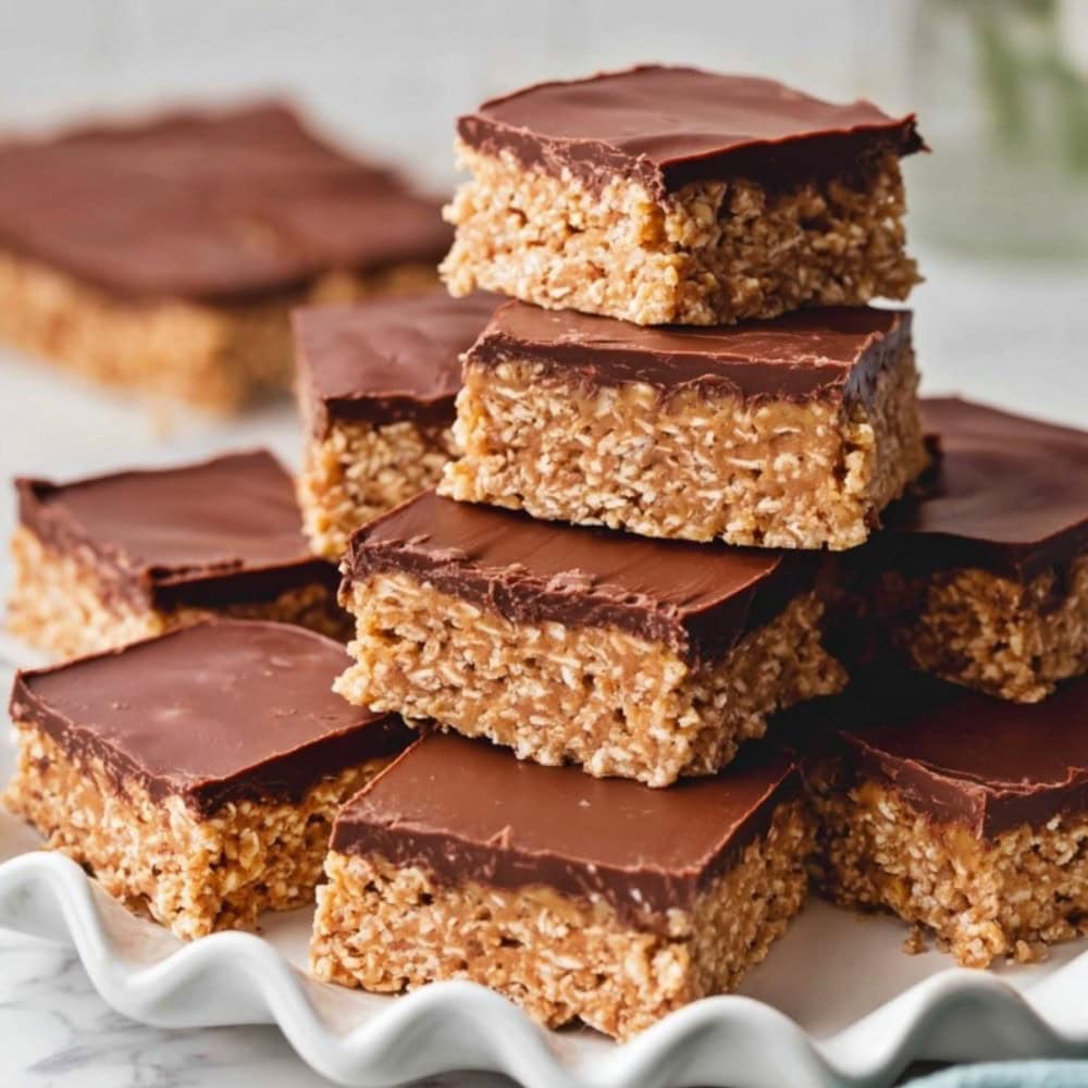 A stack of Oh Henry Bars on a white platter.