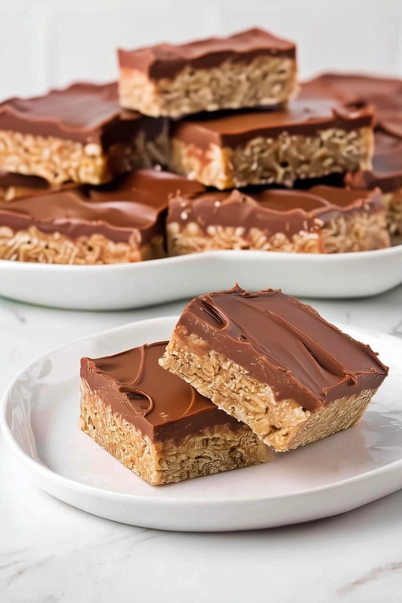 Two Oh Henry Bars stacked on a plate, with more bars in the background.