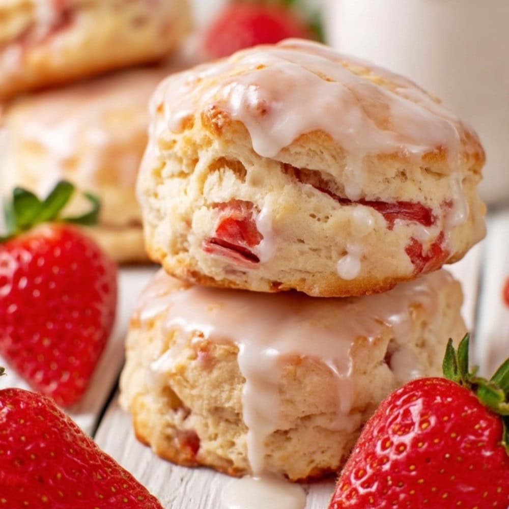 Two strawberry biscuits stacked high, dripping with vanilla glaze.