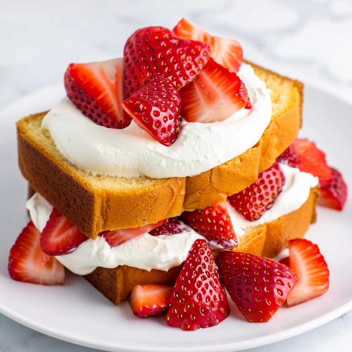 Strawberry shortcake pound cake with whipped cream in a plate.