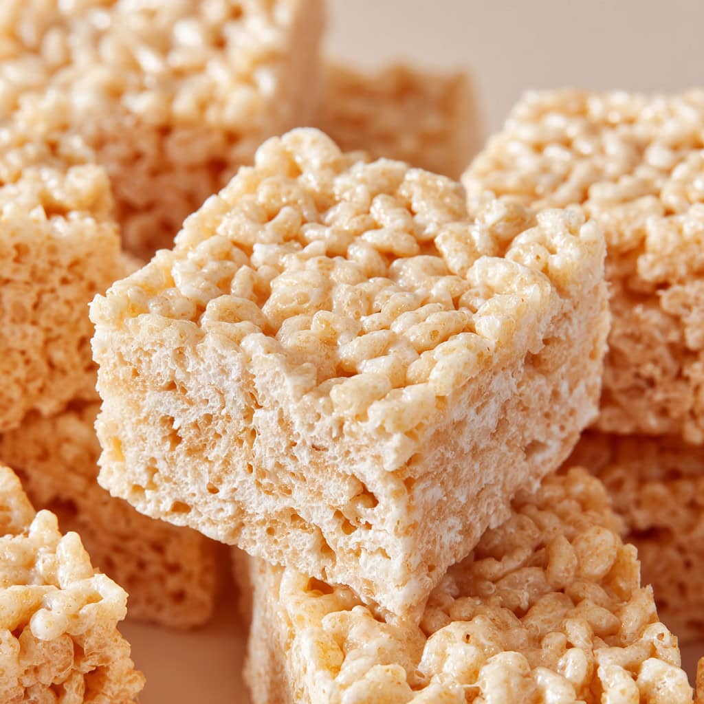 Gooey rice krispie treats stacked, close-up